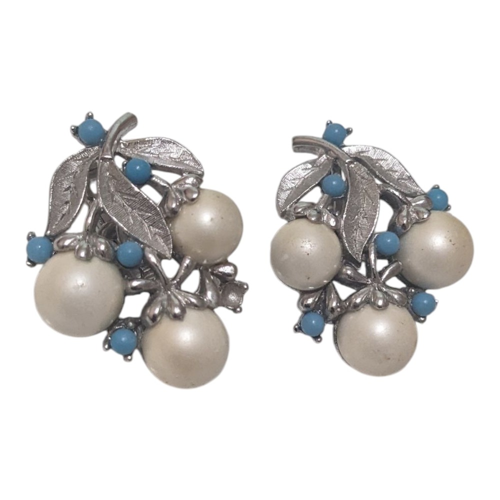 Sarah Coventry Clip On Earrings Faux Pearl‎ Blue Bead Vintage Costume Jewelry